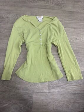 Talbots Light Lime Ribbed Henley Long Sleeve Top
